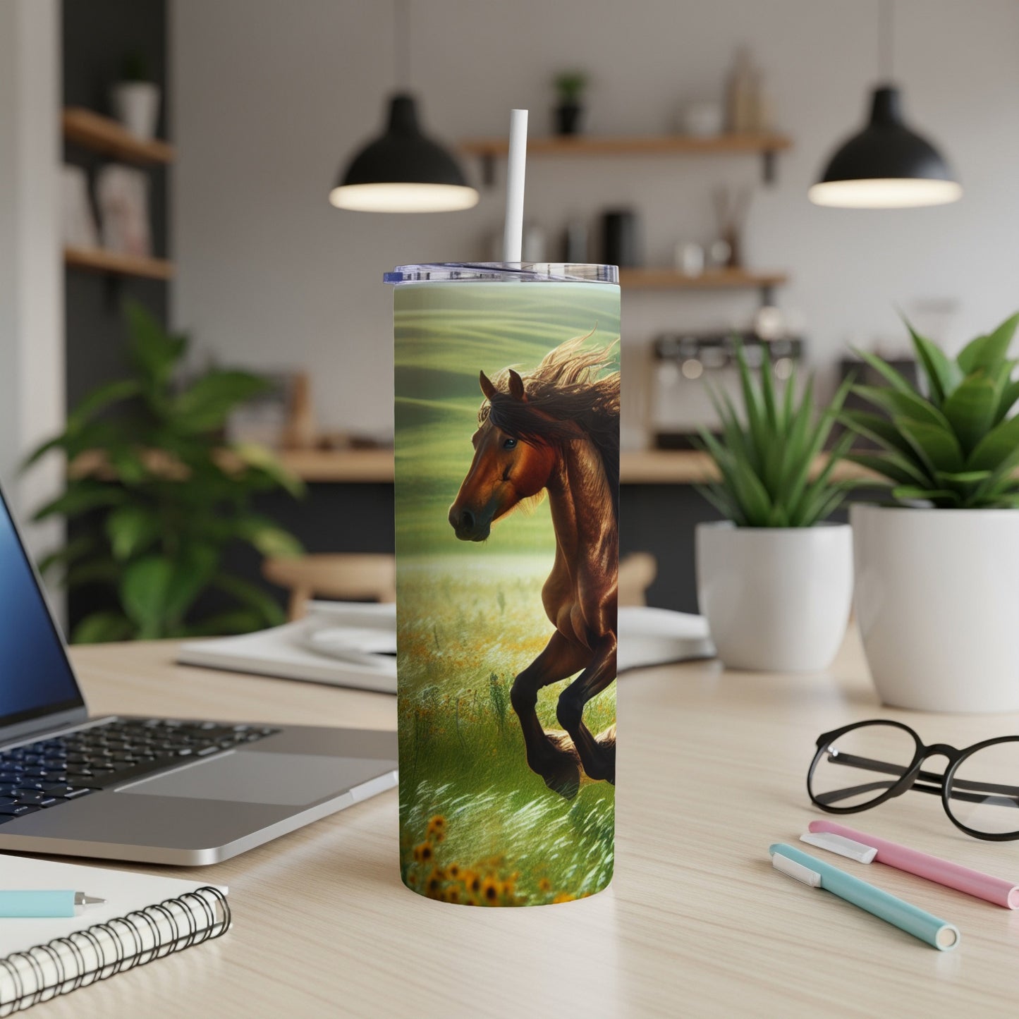 Horse running through a field of flowers on a tumbler.