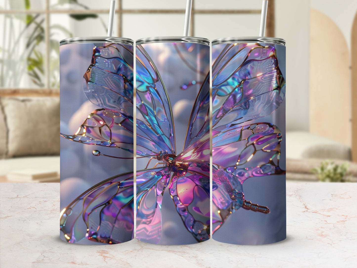 Three iridescent butterfly tumblers with purple and blue hues.
