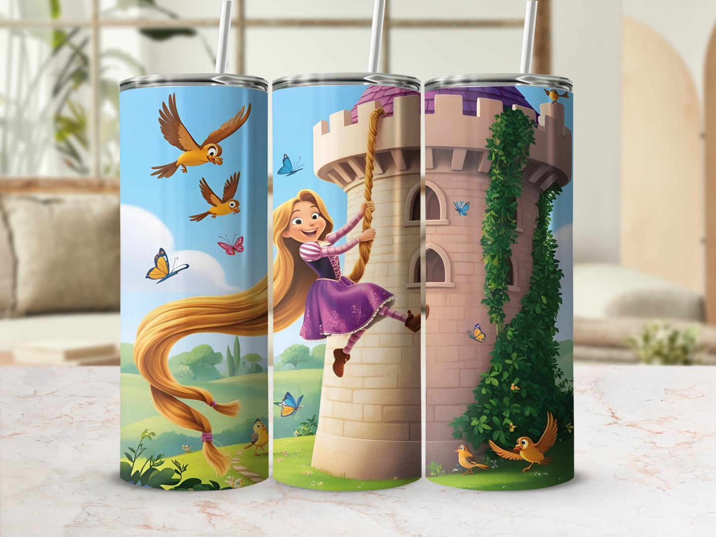 Rapunzel swinging on a tower with birds and butterflies.