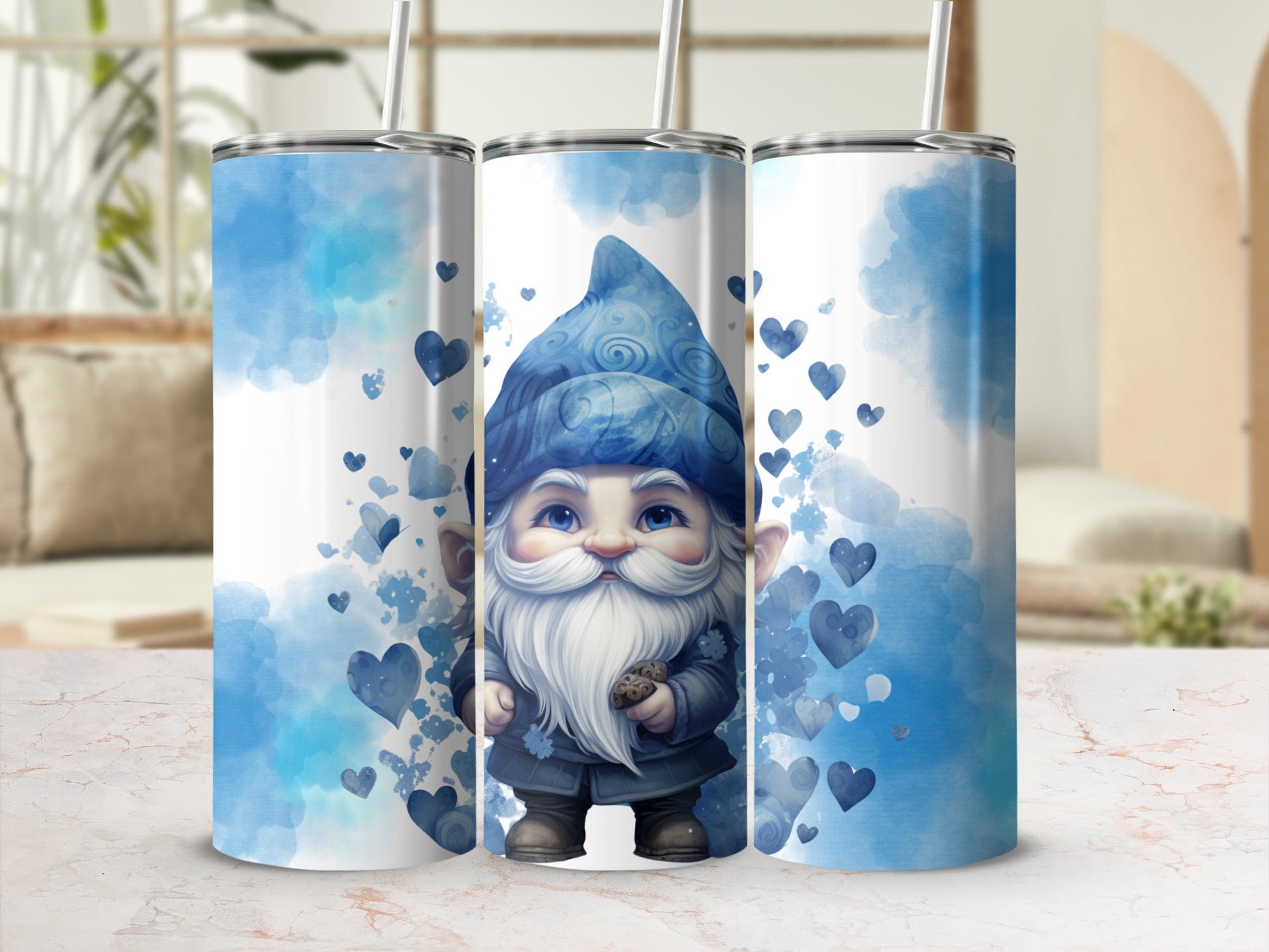 Adorable Gnome With Hearts Blue White Travel Tumbler