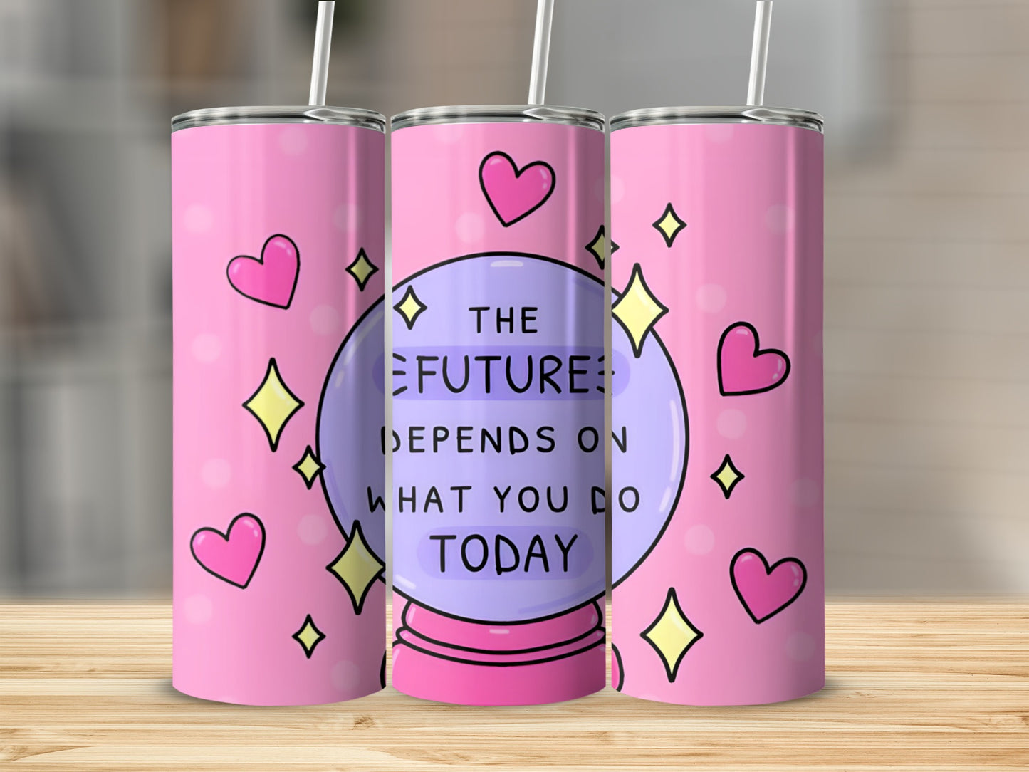 Pink tumbler with crystal ball and inspirational quote, surrounded by hearts and stars.