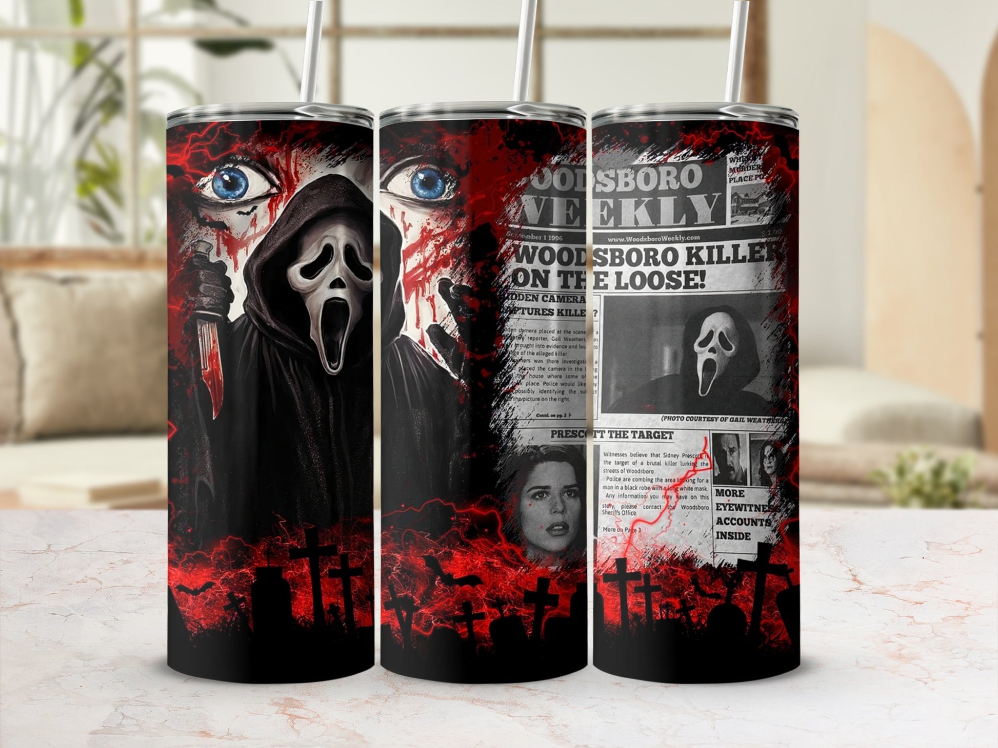 Tumbler with screaming mask, newspaper headline, and blood splatter.