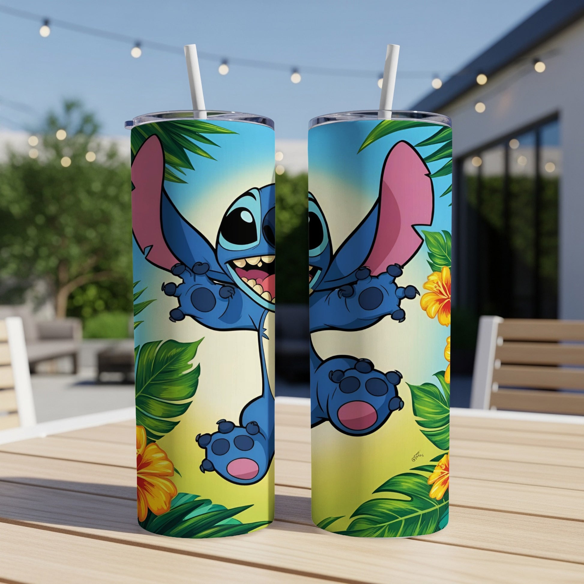 Stitch character from Lilo & Stitch on a yellow and blue tumbler with tropical leaves.