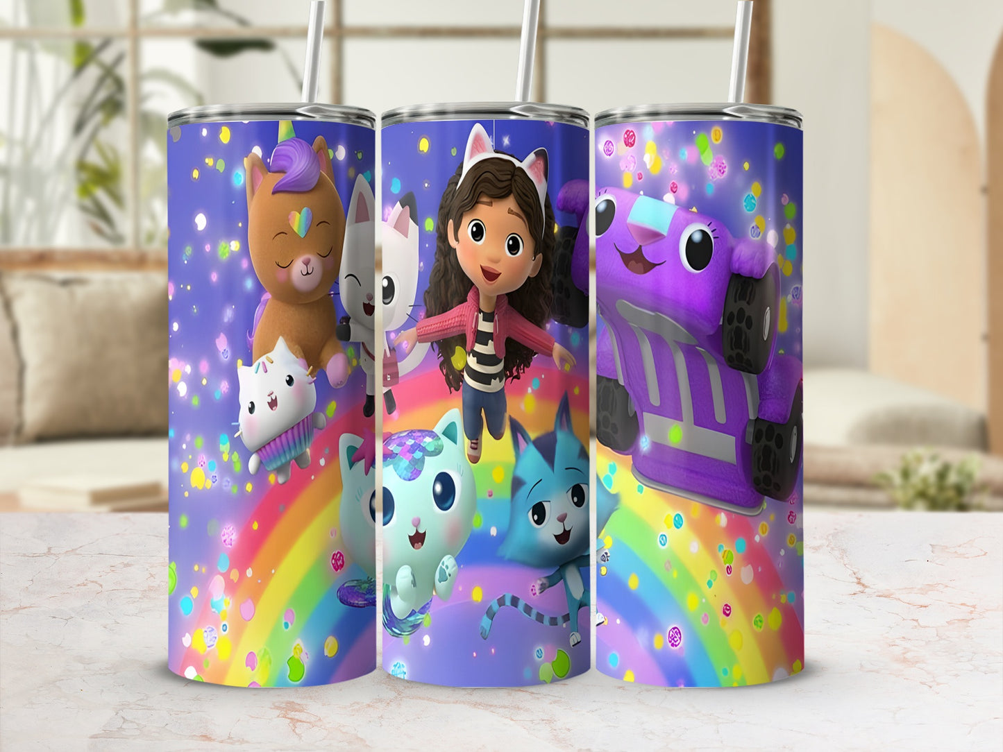 Gabby's Dollhouse characters on a rainbow and confetti patterned tumbler cup.
