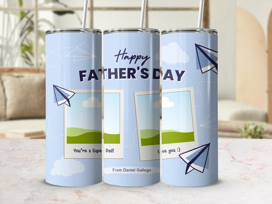 Light blue tumblers with "Happy Father's Day" and photo frames.