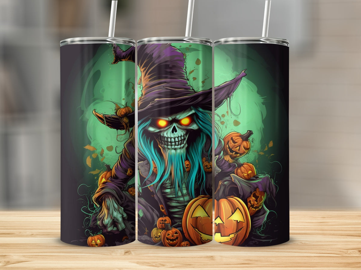 Three tumblers with a Halloween theme featuring a skeleton witch surrounded by jack-o'-lanterns.