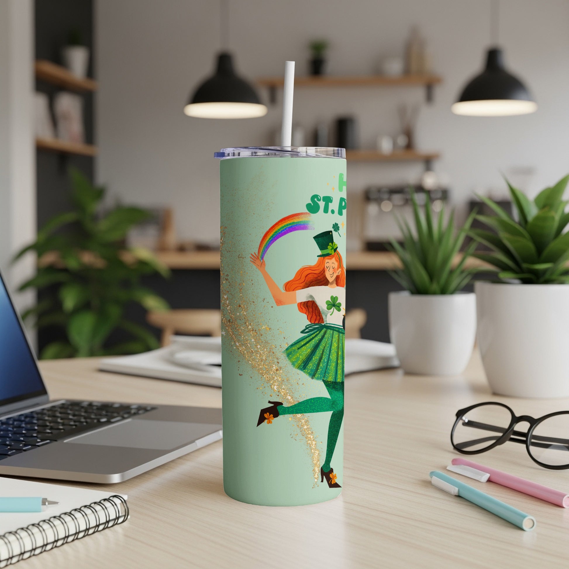 Green tumbler with St. Patrick's Day girl holding rainbow and glitter.