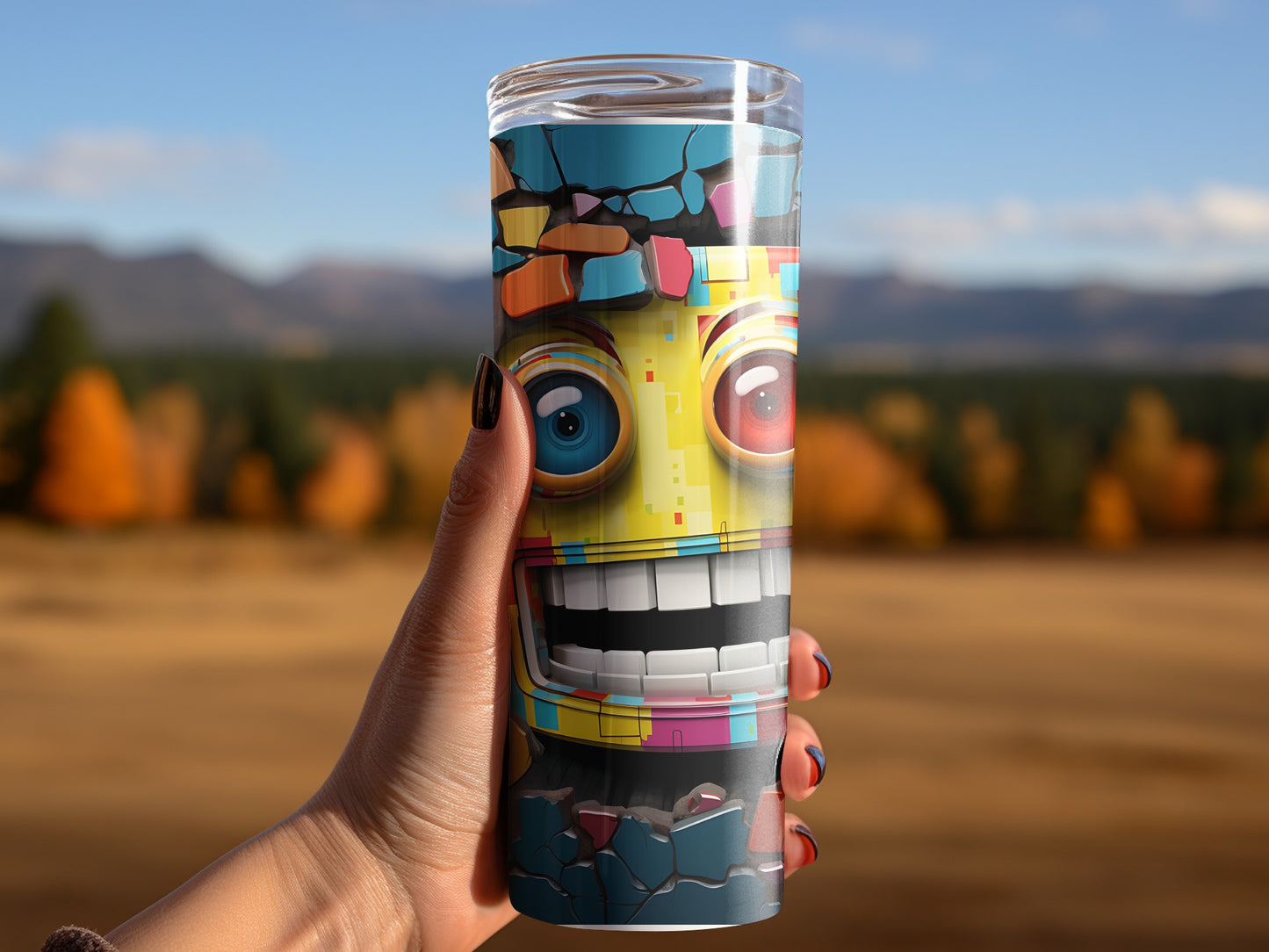 Vibrant Robot Face Tumbler with Colorful Background