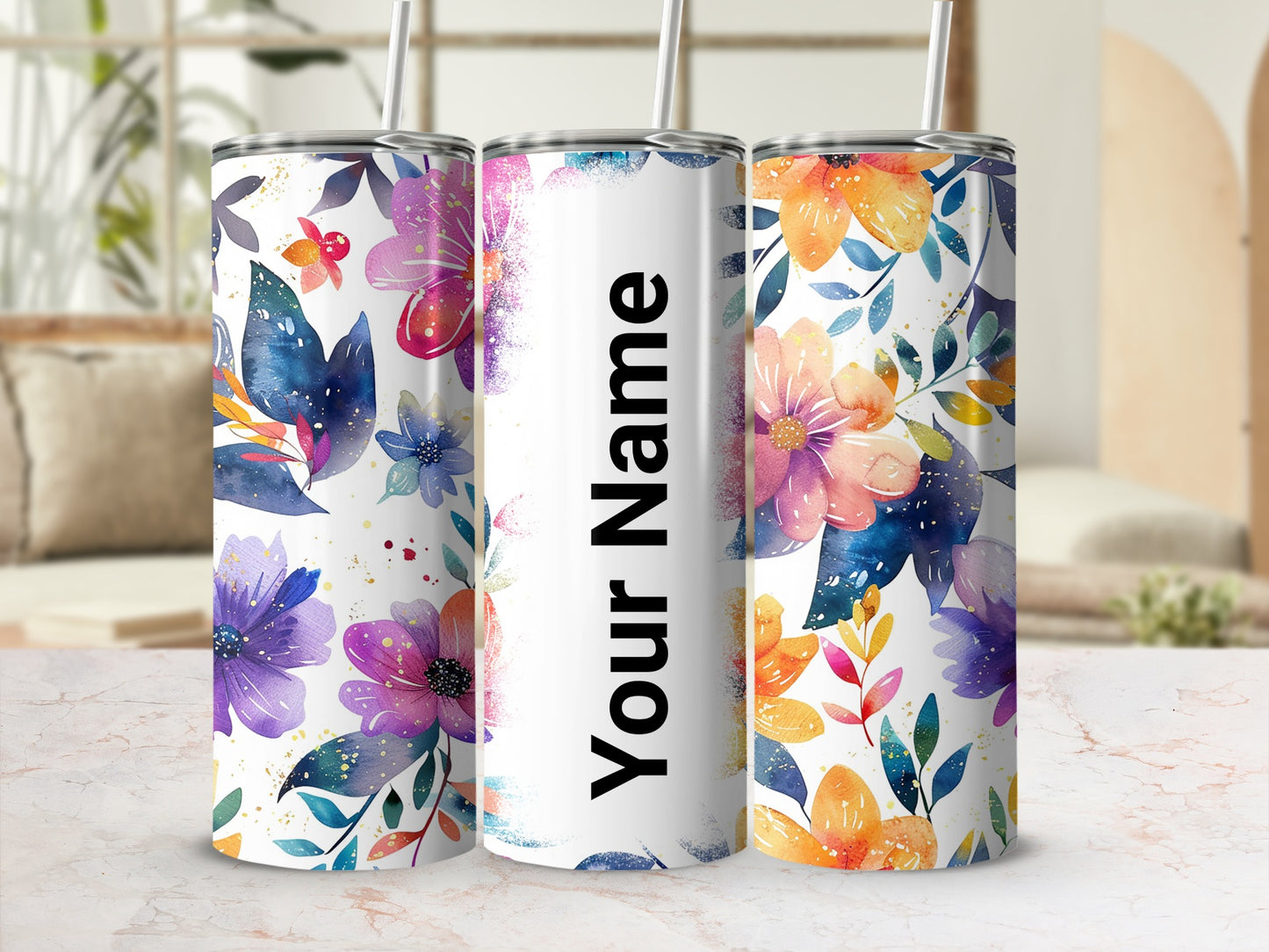 Personalized Bright Floral Insulated Tumbler with Straw