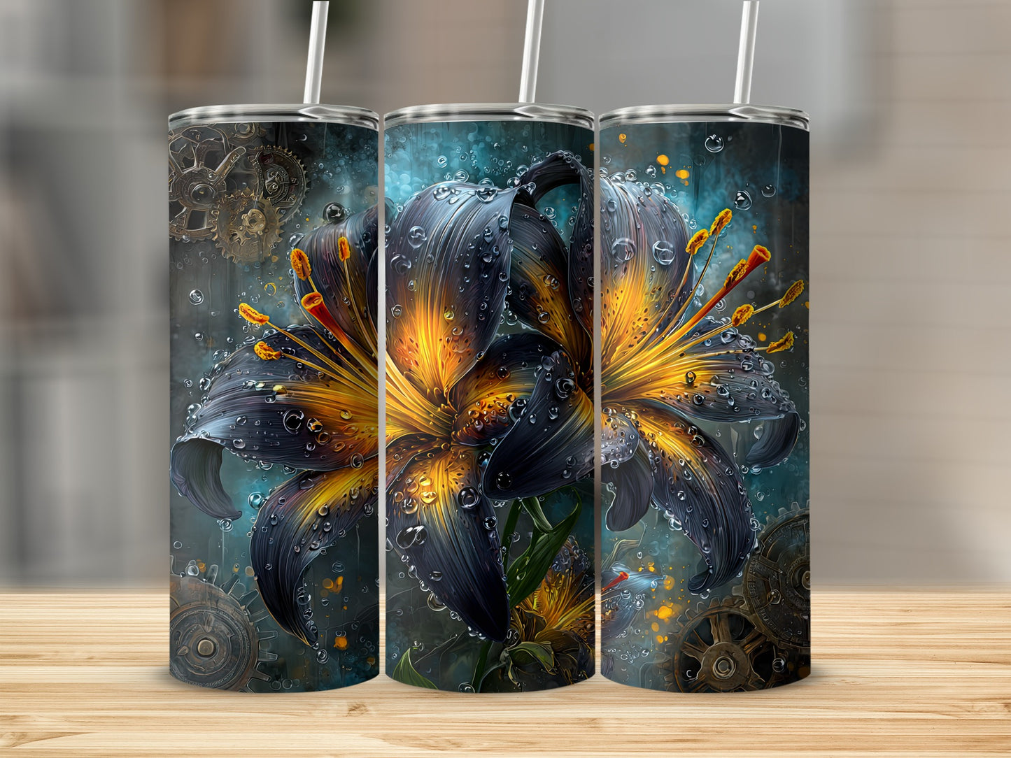 Floral Water Droplets Design with Gear Elements Tumbler