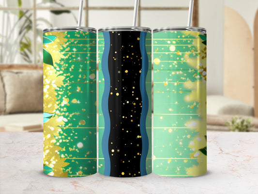 Three tumblers with green, gold, and black abstract glitter patterns.