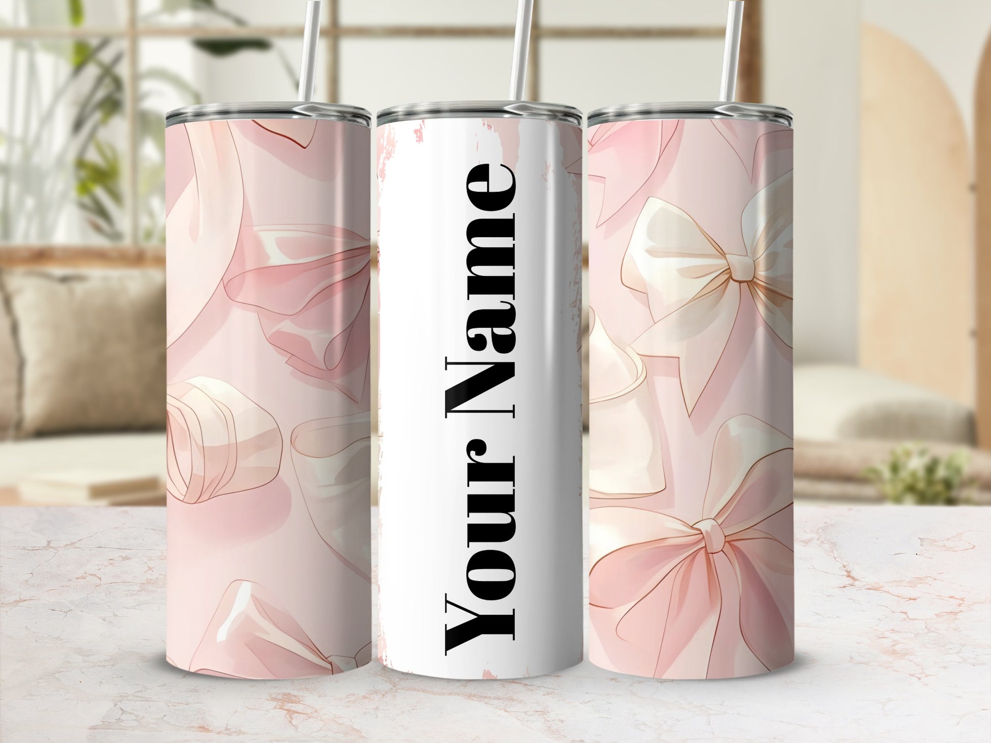 Personalized Pink Ribbon Design Tumbler with Straw