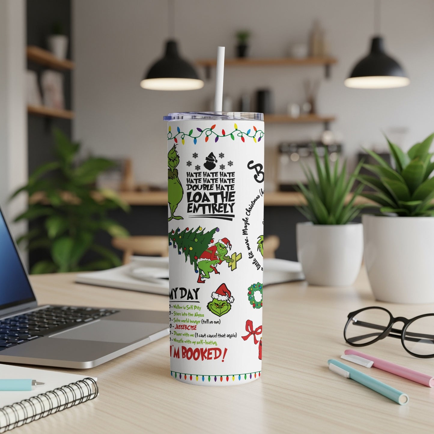Grinch themed tumbler with Christmas tree, quotes, and to-do list.
