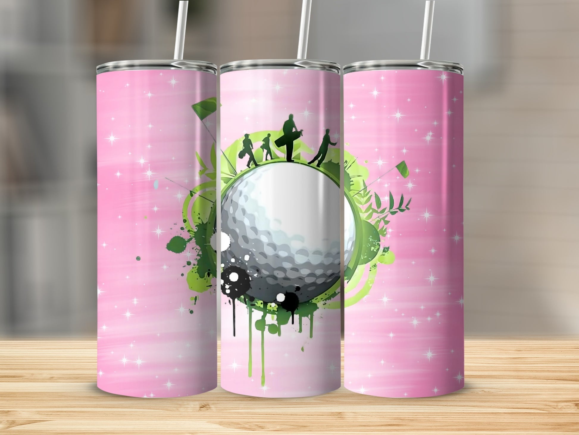 Golf Themed Pink Green Tumbler With Artistic Design