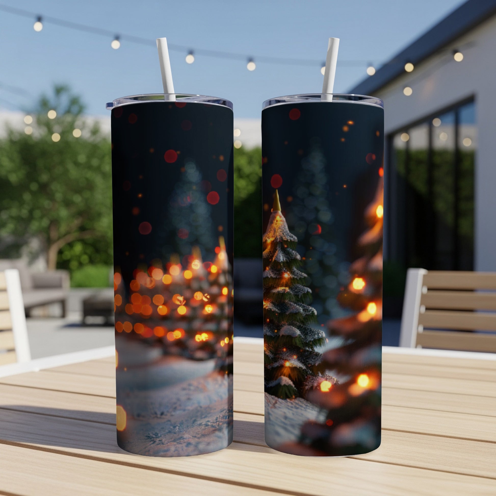 Two tumblers featuring a snowy evergreen tree with bokeh lights.