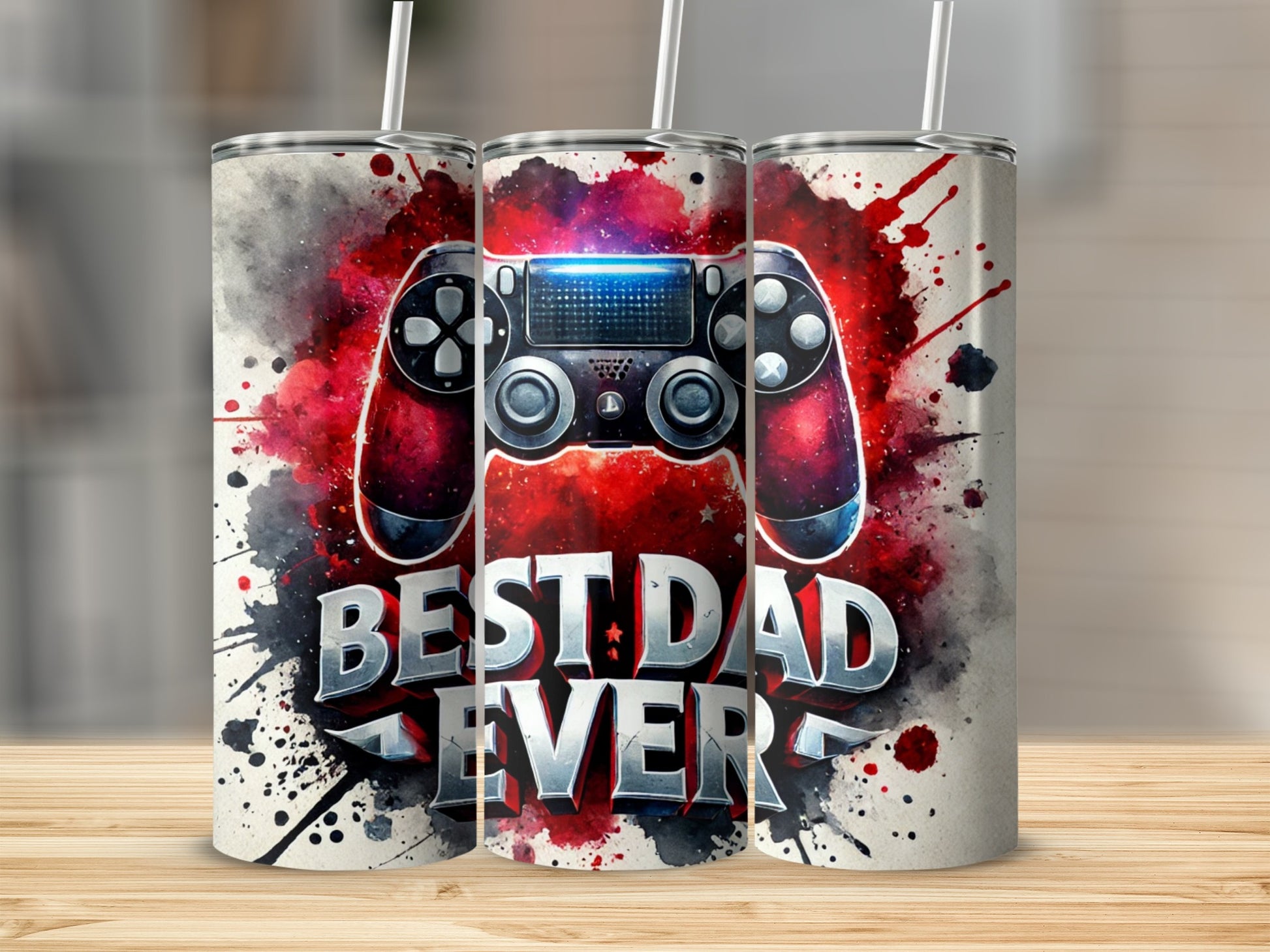 Gaming controller with "BEST DAD EVER" text and red, black, white paint splatters.
