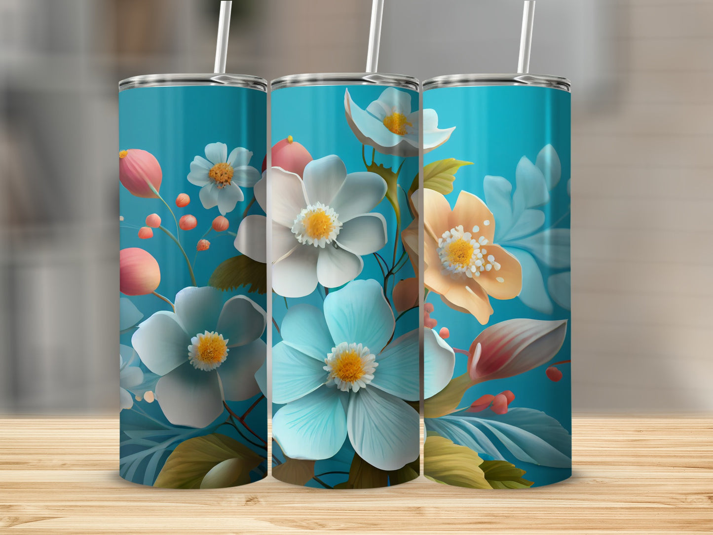 Vibrant Floral Design on Turquoise Background Tumbler