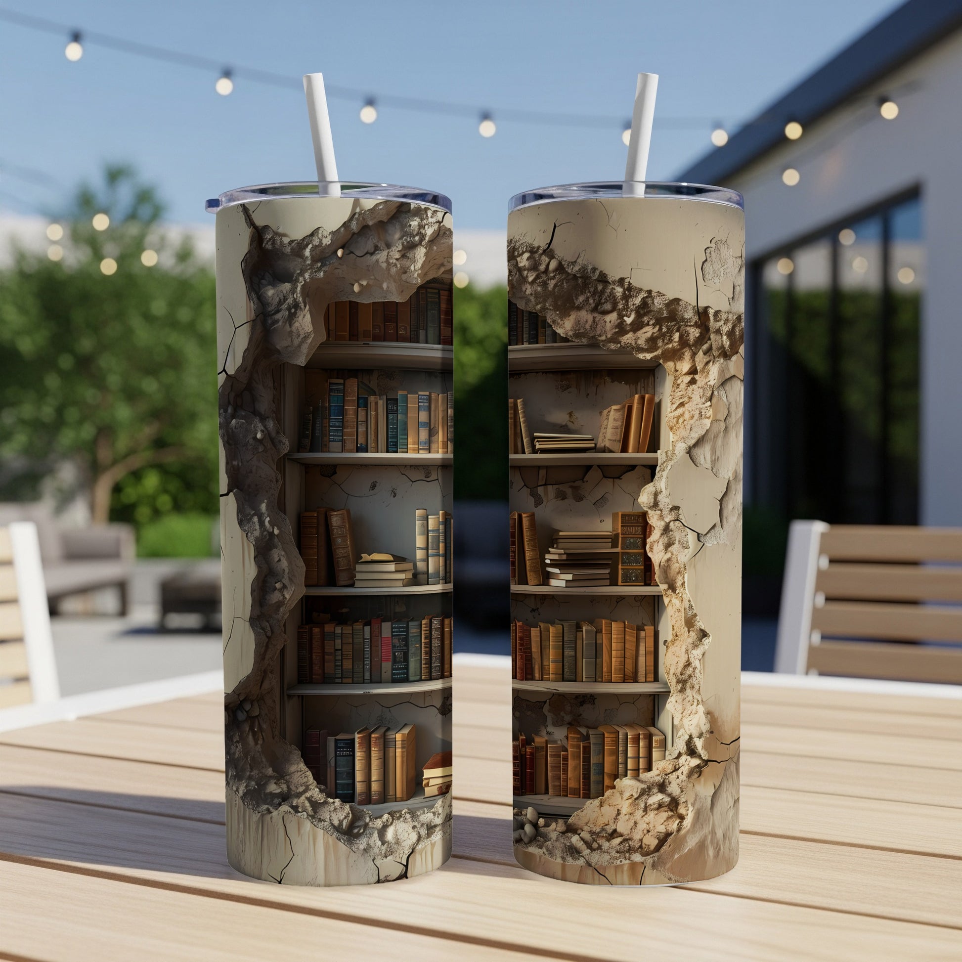 Two tumblers with cracked plaster revealing bookshelves filled with books.