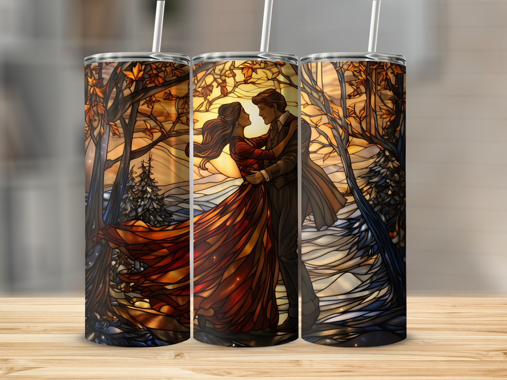 Stained glass tumbler featuring a couple embracing amidst autumnal trees.