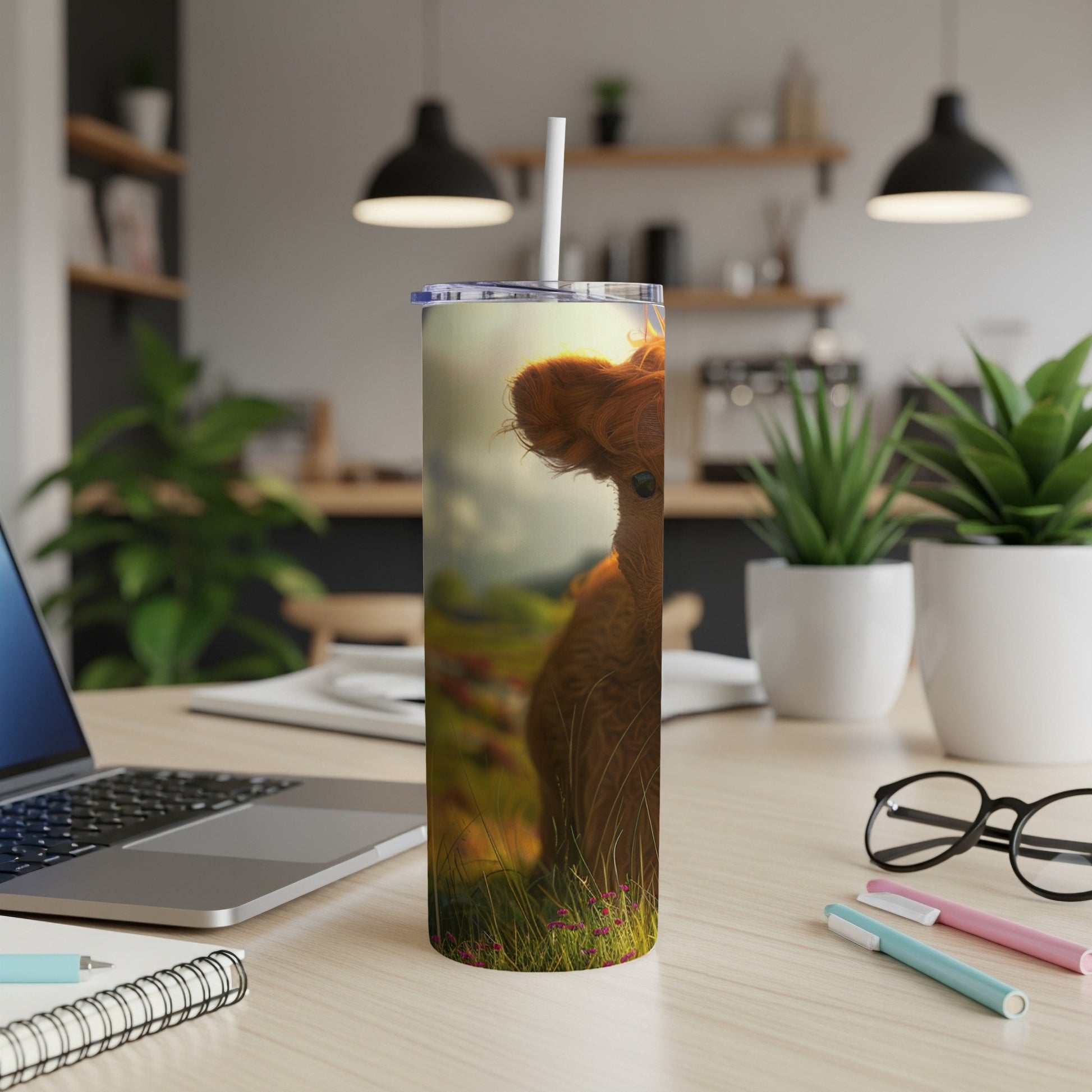 Tall tumbler with a fluffy cow illustration in a grassy field.