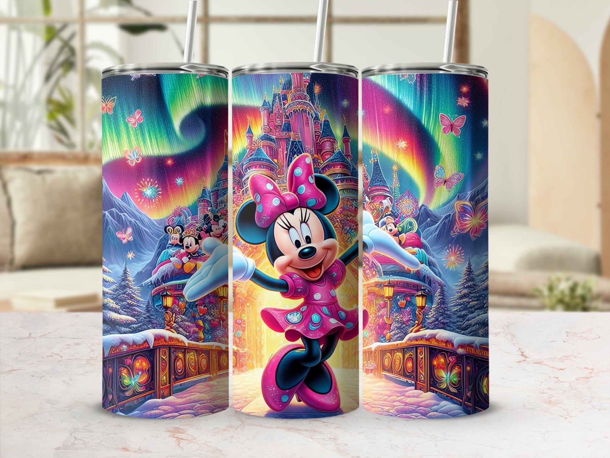 Colorful Minnie Mouse Aurora Castle Themed Tumbler