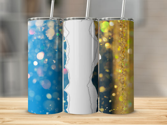 Three skinny tumblers with blue, white, and gold bokeh backgrounds.
