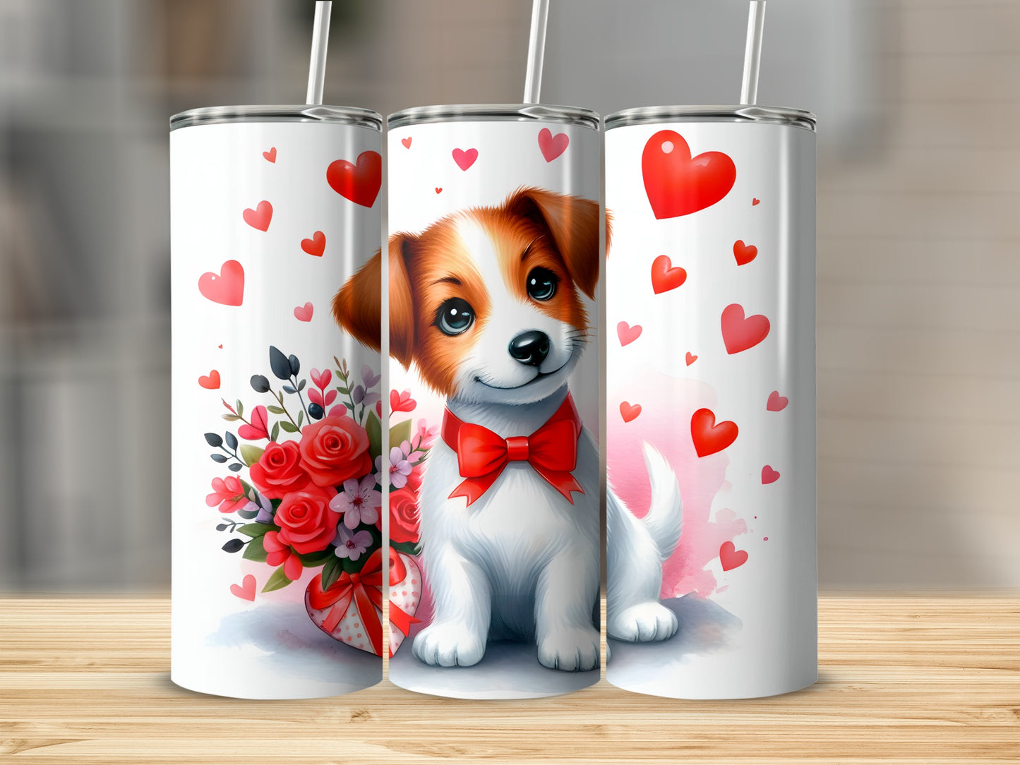 Jack Russell puppy with bow and roses in gift box, surrounded by hearts.
