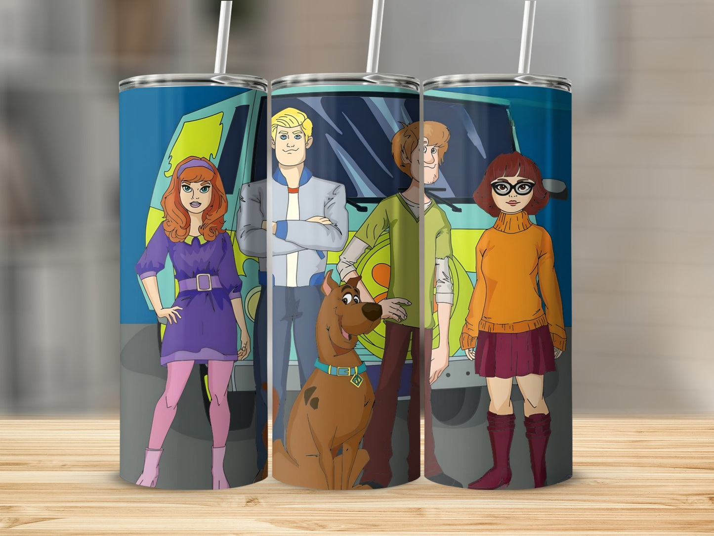 Scooby-Doo characters Fred, Daphne, Shaggy, Velma, and Scooby stand by the Mystery Machine.