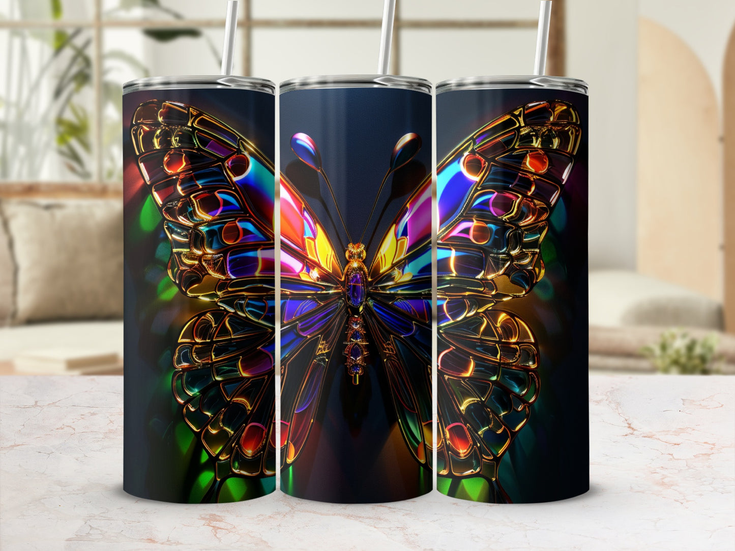 Three tumblers featuring a colorful, iridescent butterfly design.