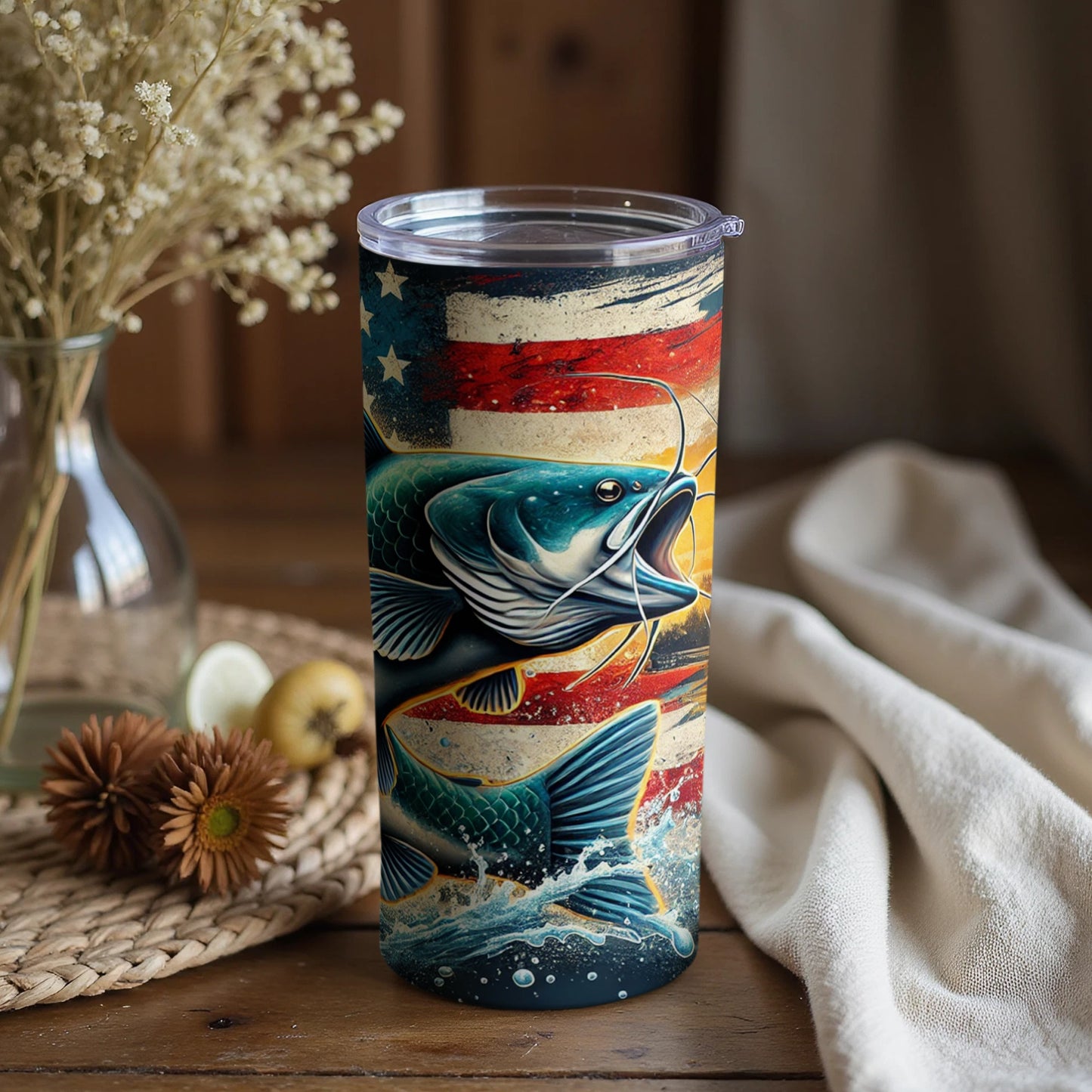 Patriotic Catfish Tumbler with American Flag Design