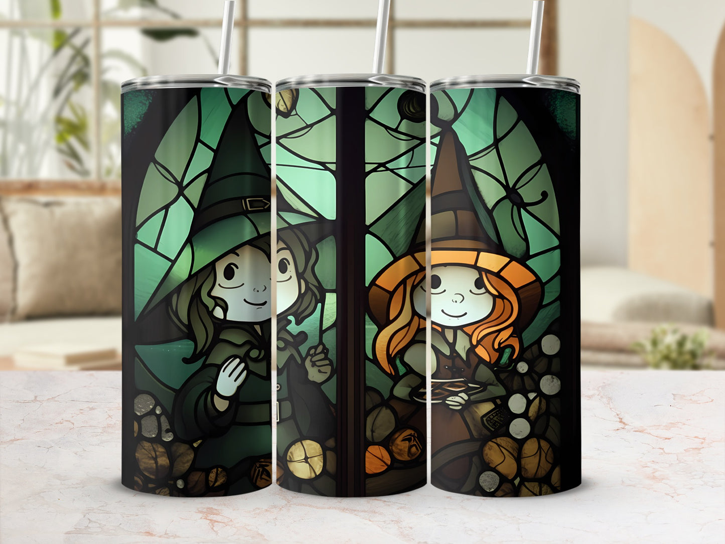 Three stained-glass tumblers featuring cute witch characters and autumn leaves.