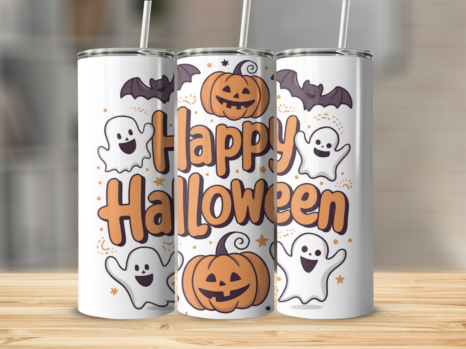 White tumblers with "Happy Halloween" text and cartoon ghosts, bats, and pumpkins.
