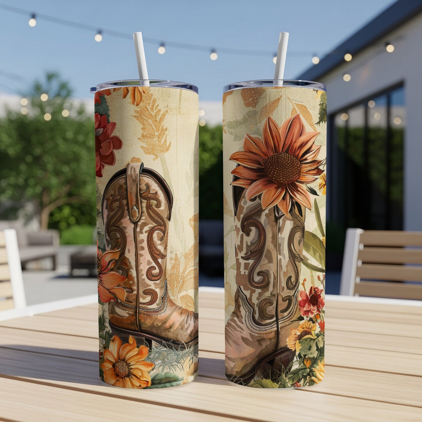 Two tumblers with cowboy boot and floral pattern on outdoor table.