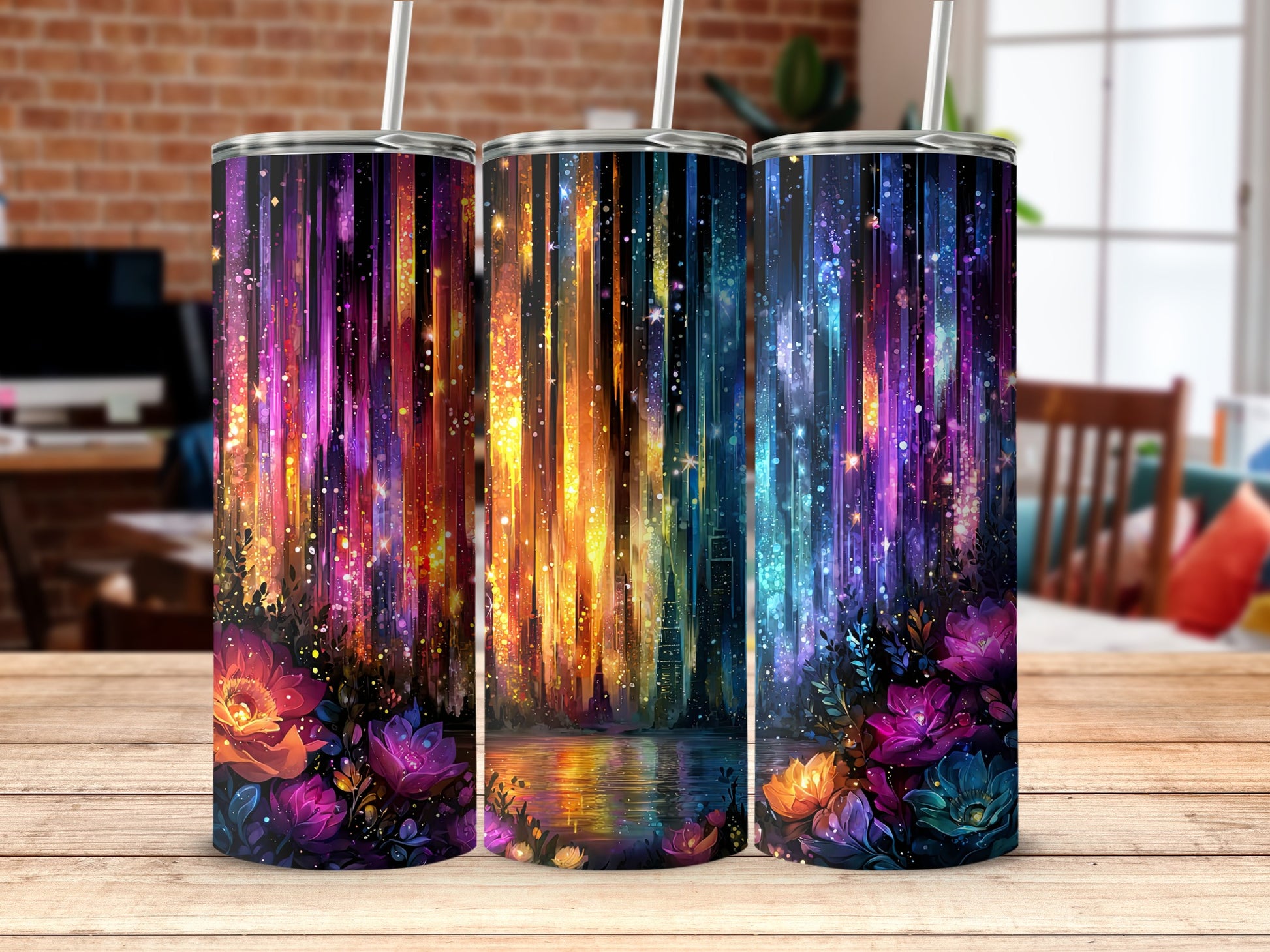 Vibrant Abstract Cityscape and Floral Designed Tumbler