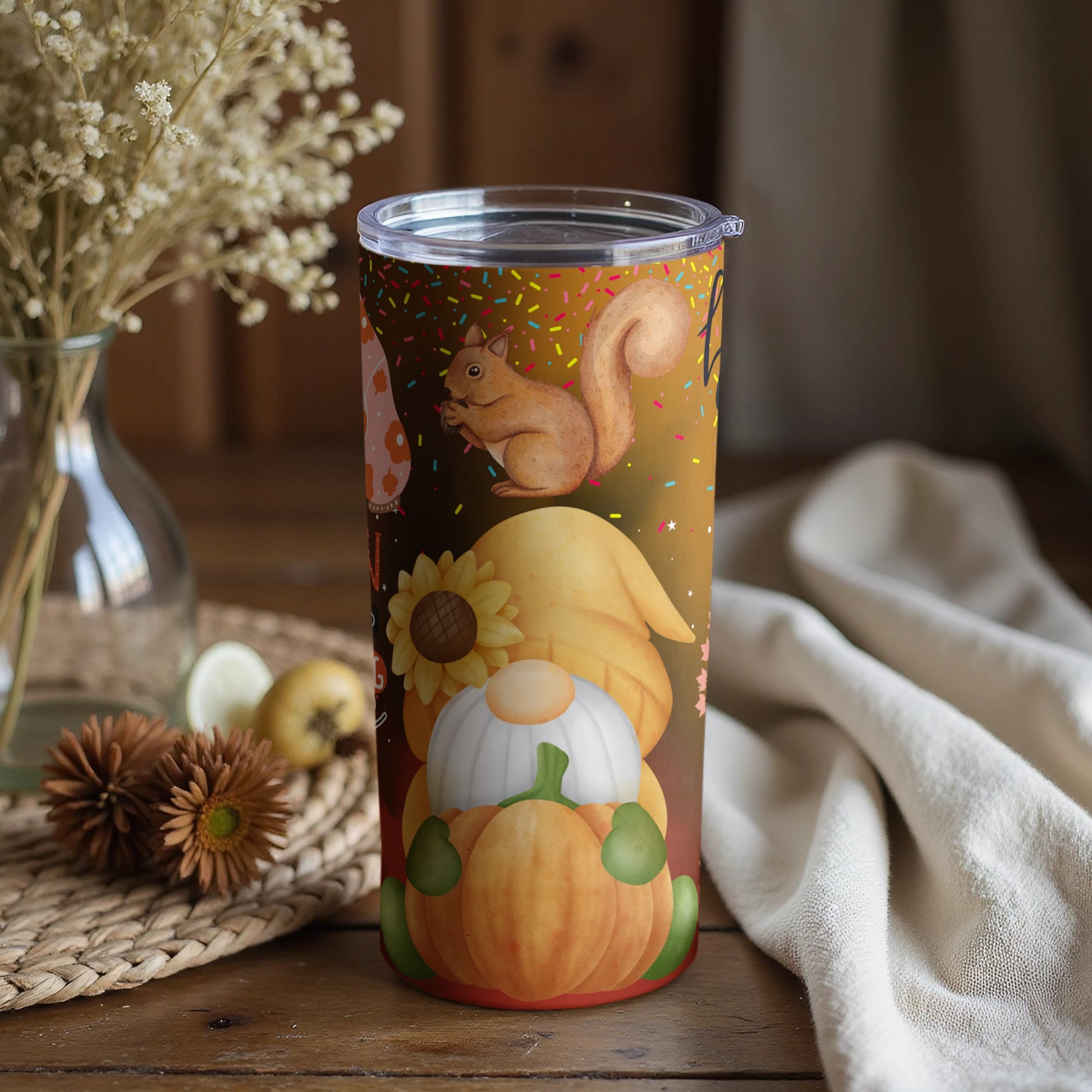 Fall-Themed Tumbler with Gnome Sunflowers and Squirrel