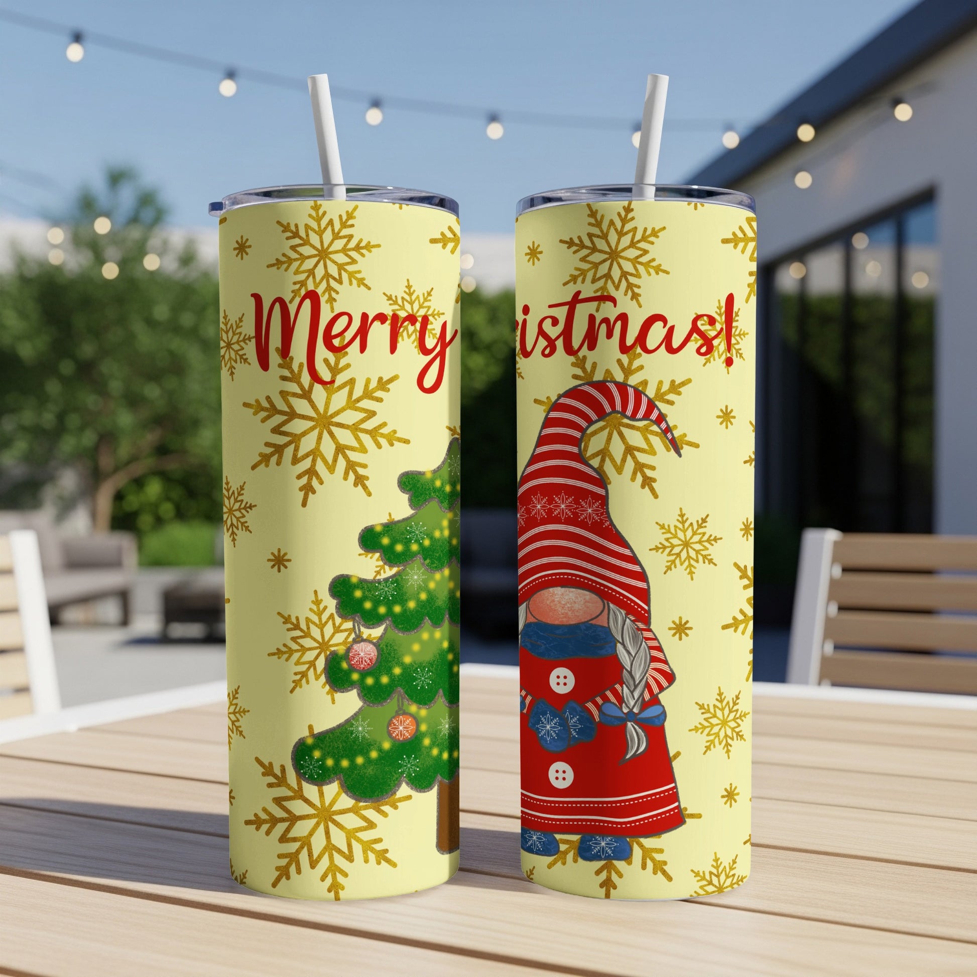 Yellow tumbler with gnome, Christmas tree, and "Merry Christmas" text.