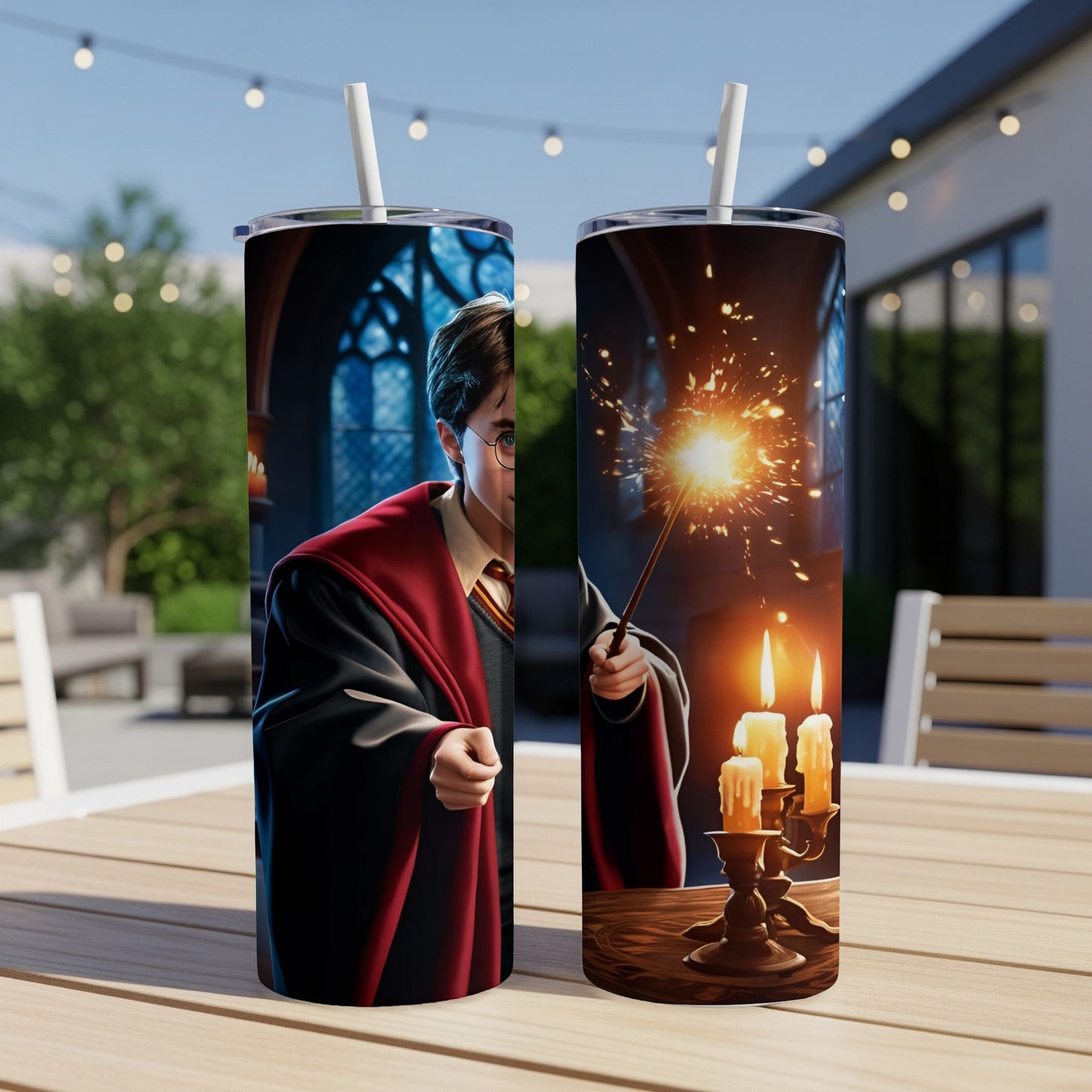 Harry Potter, wand, and candles on a tumbler with an outdoor background.