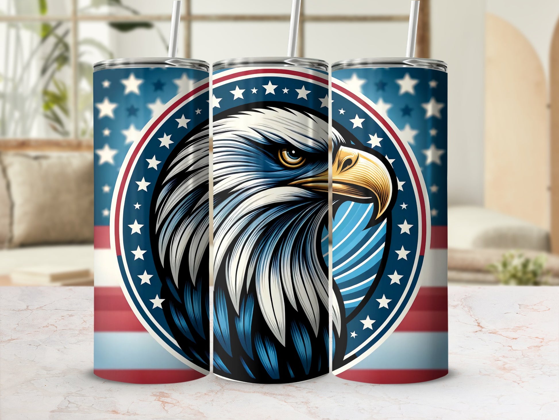 Three tumblers featuring a bald eagle against a patriotic star and stripe design.