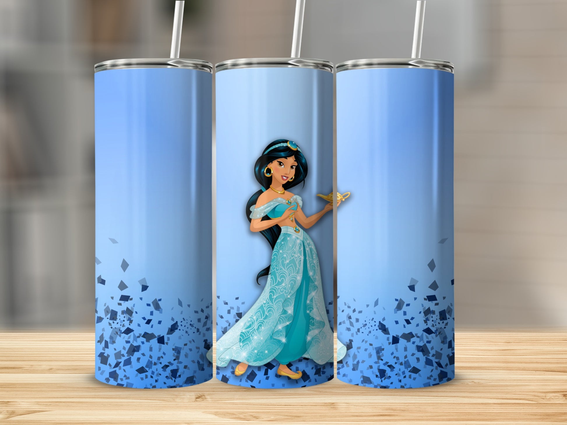 Princess Jasmine holding a golden lamp on a blue gradient tumbler.