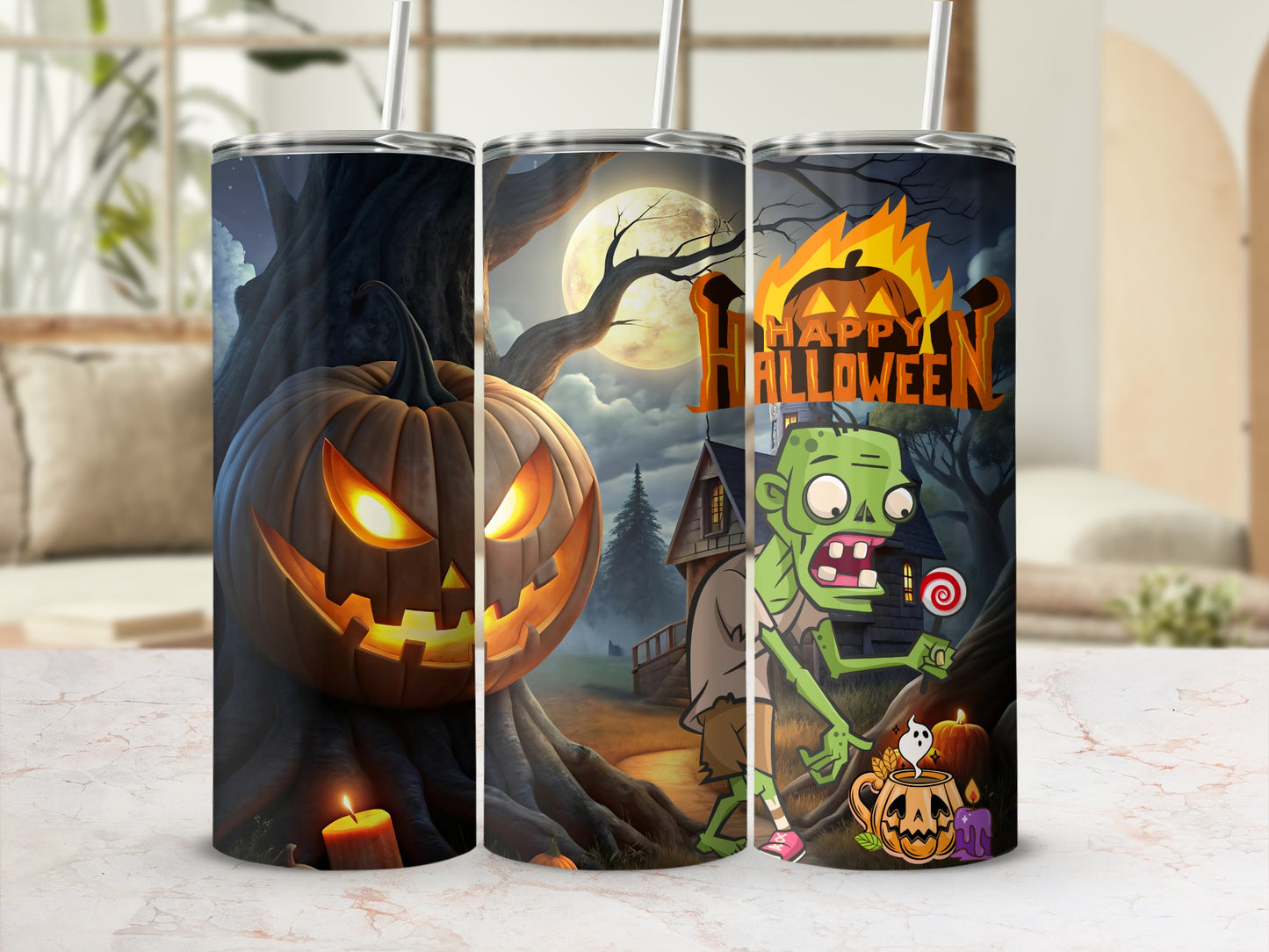 Spooky Halloween Tumbler With Pumpkin And Zombie Design