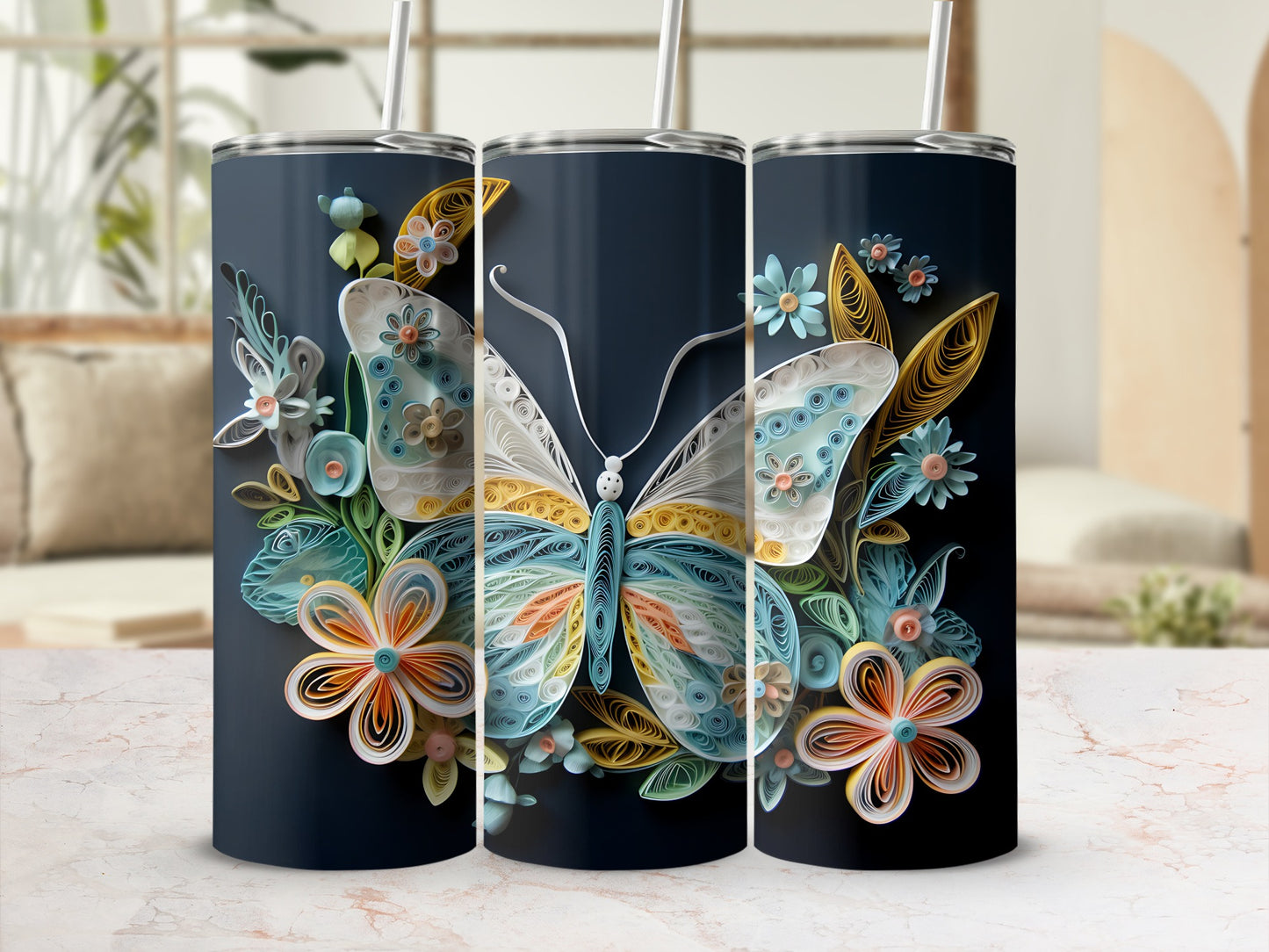 Three tumblers with a detailed quilled butterfly and floral design.