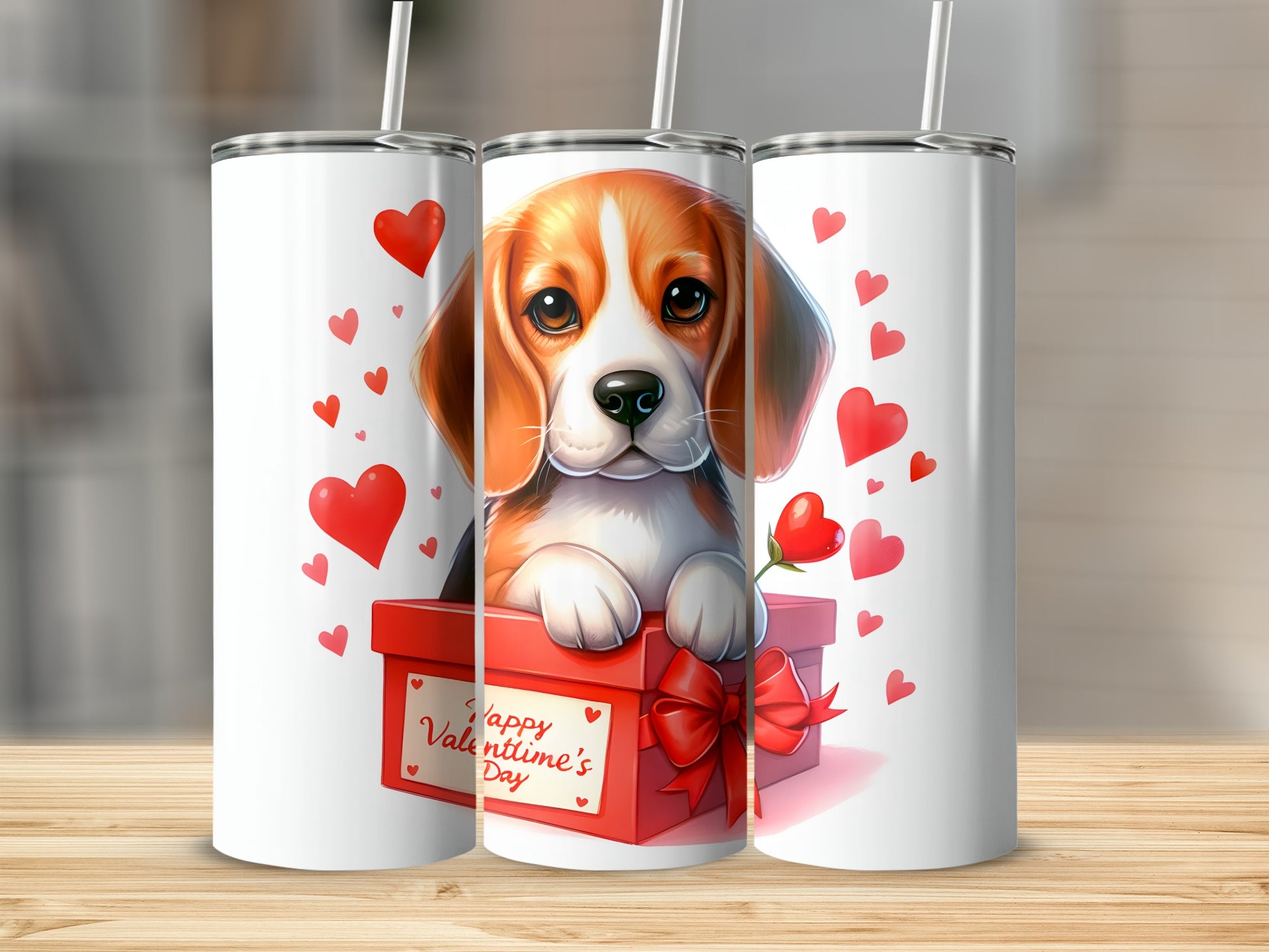 Beagle puppy in gift box with Valentine's Day hearts and text.