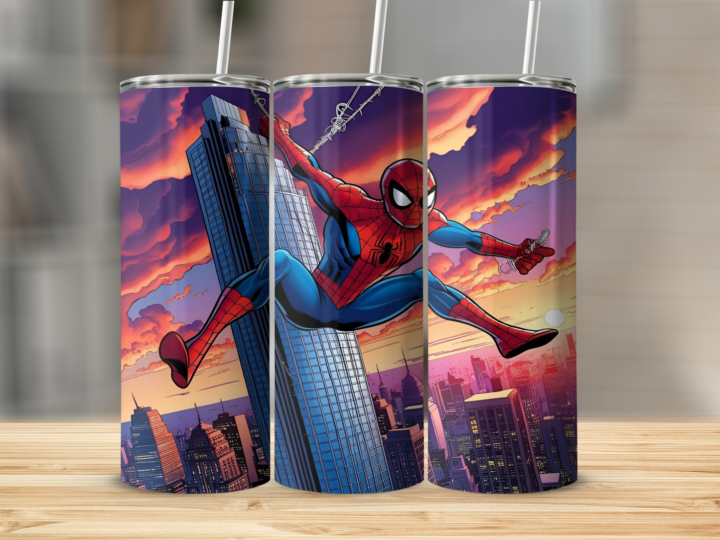 Spiderman swinging between skyscrapers at sunset, comic book style illustration.