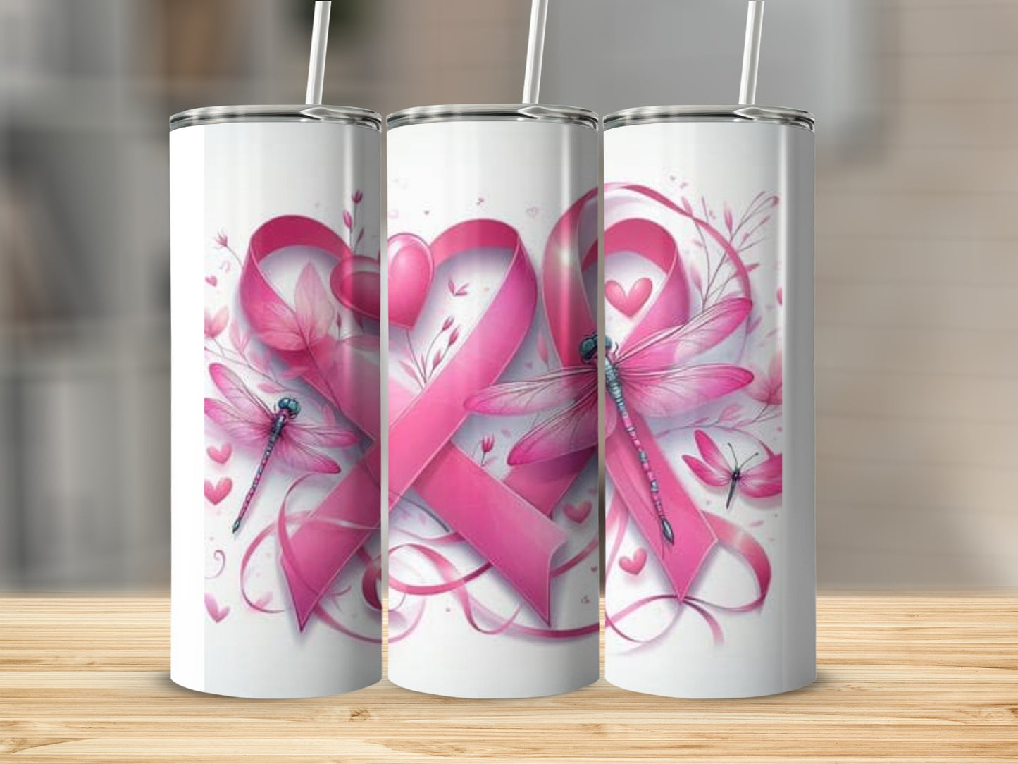 Pink Ribbon and Dragonfly Design Tumbler Drinkware