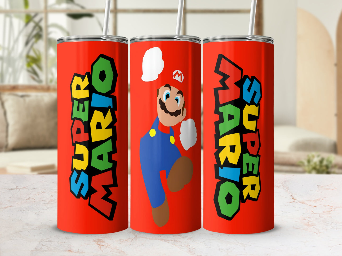 Red tumbler with Mario characters and "SUPER MARIO" text.