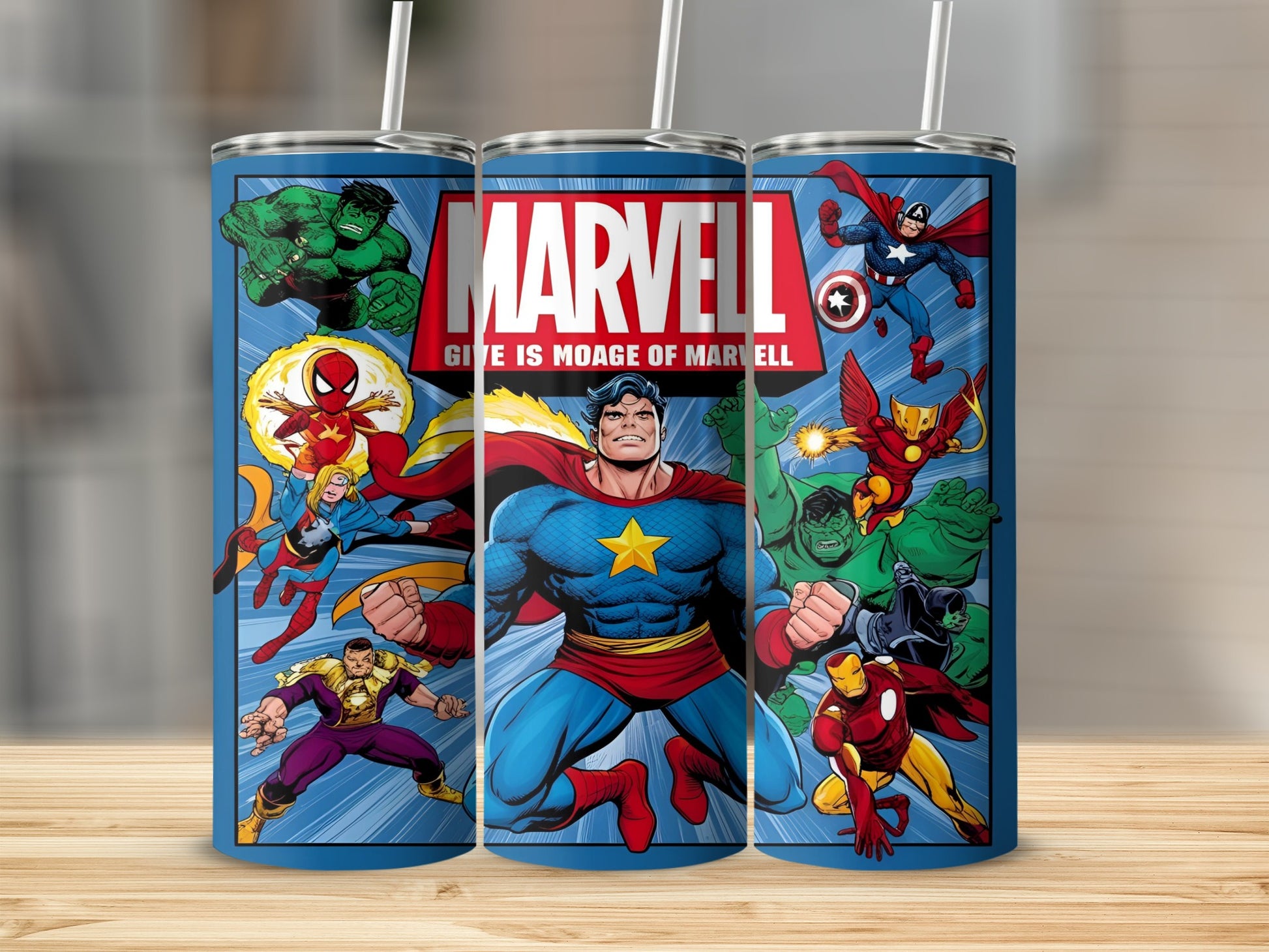 Marvel superheroes in comic book style surrounding a central Superman-like character.