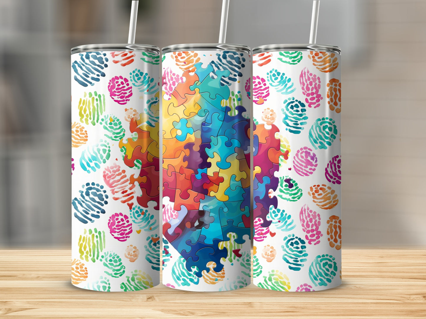 Colorful Abstract Puzzle and Pine Cones Design Tumbler