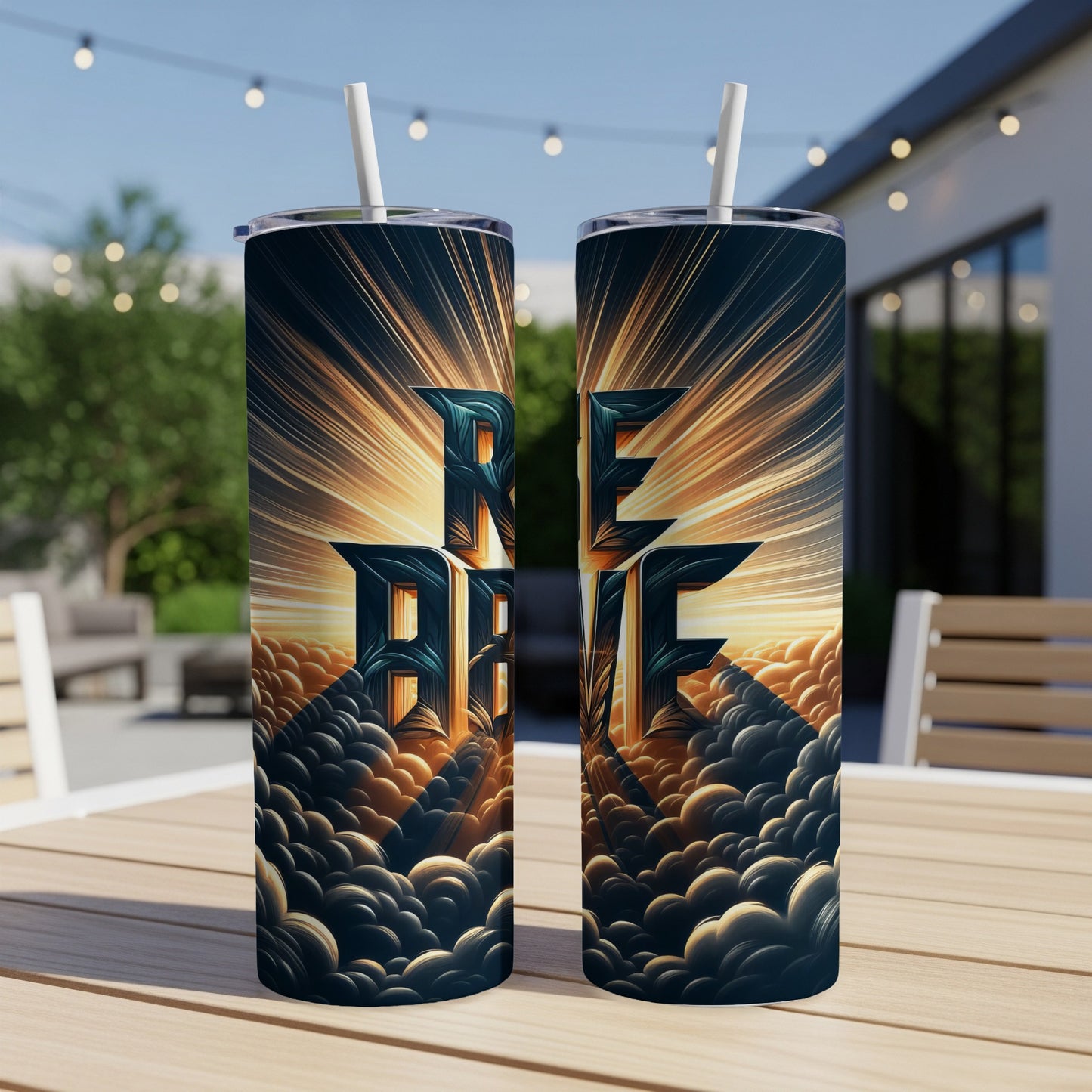 Two skinny tumblers with "RE BE" in bold, illuminated text against a cloud background.