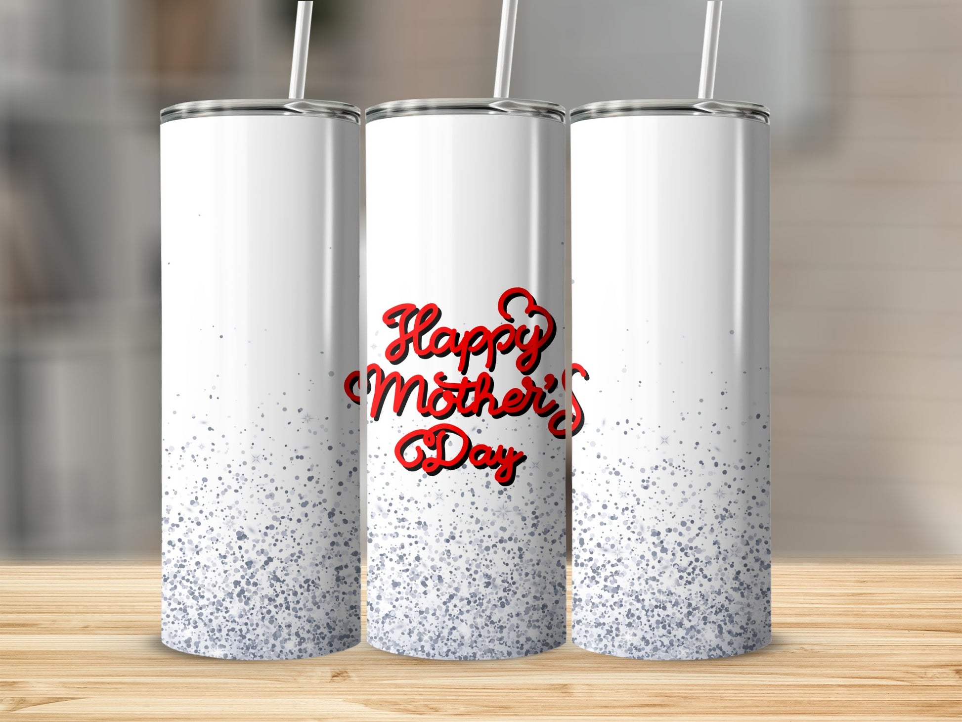 Three tall white tumblers with "Happy Mother's Day" text and glitter design.