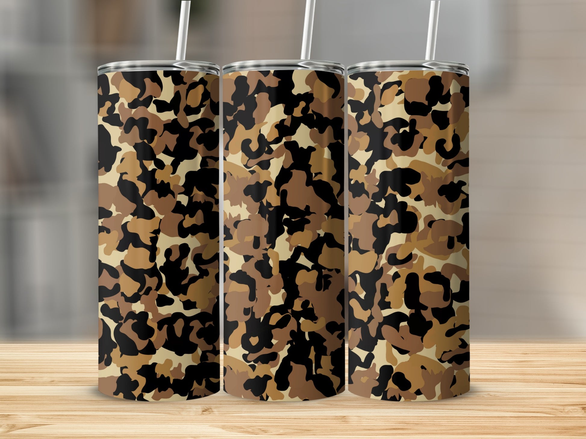 Brown Black Camouflage Patterned Tumbler With Straw